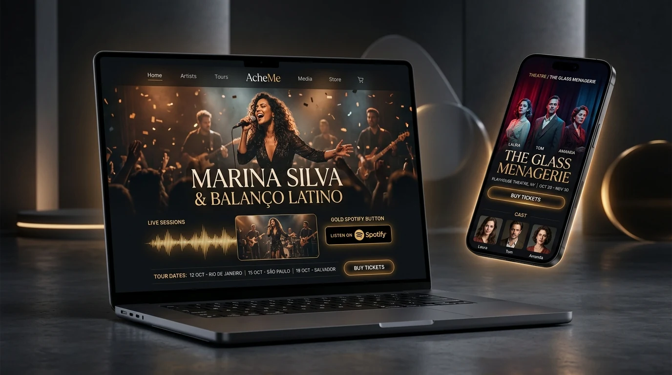 Demonstração do site oficial de uma banda e um espetáculo teatral no AcheMe