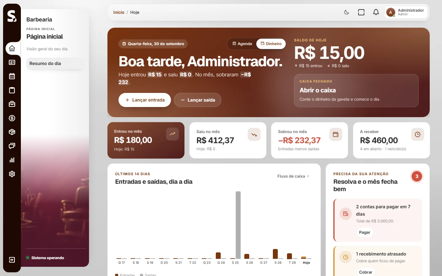 Painel do sistema SWSIS para barbearia