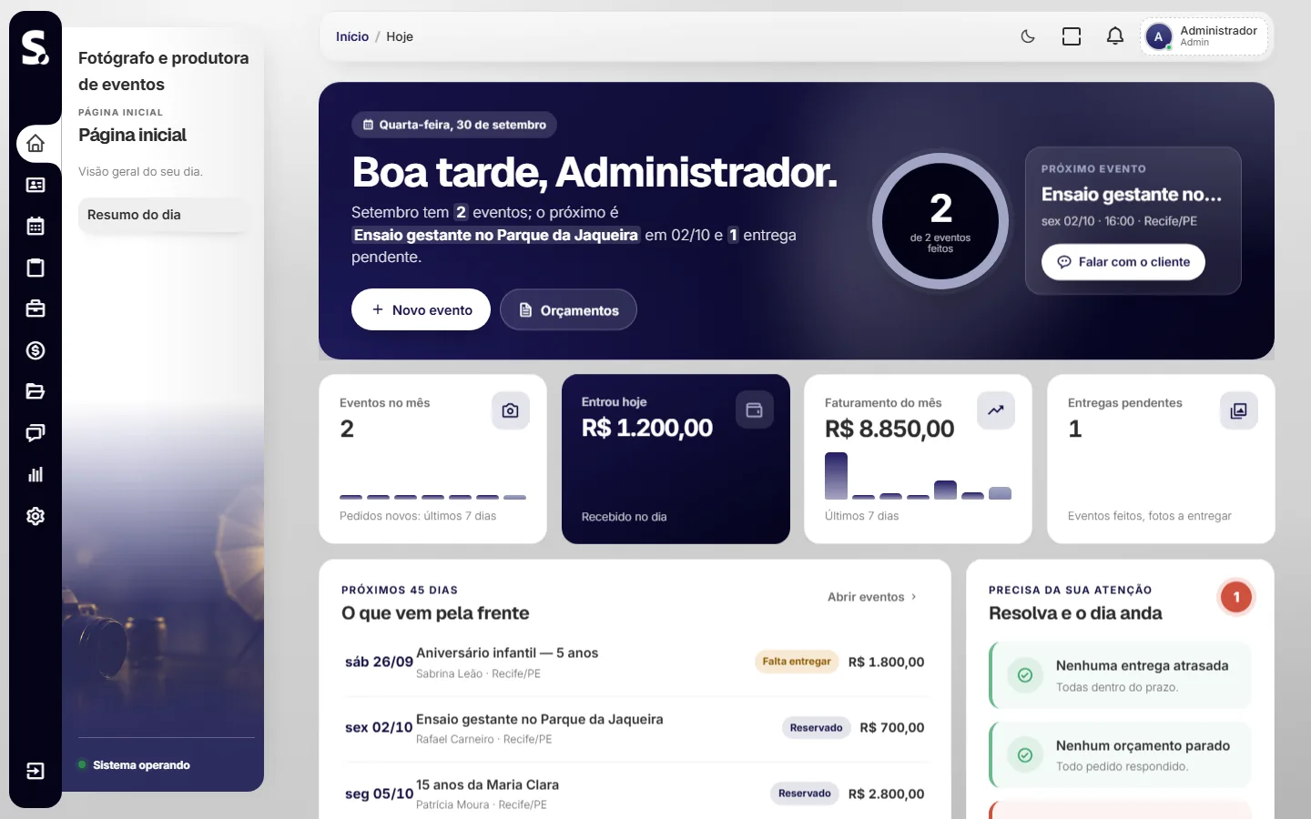 Painel do sistema SWSIS para fotógrafo e produtora de eventos