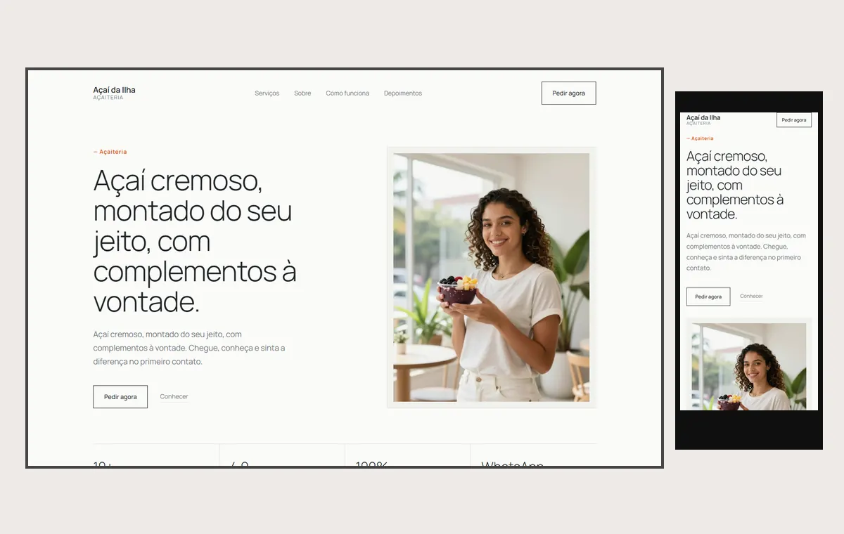 Site de açaí no modelo Clean Nuvem