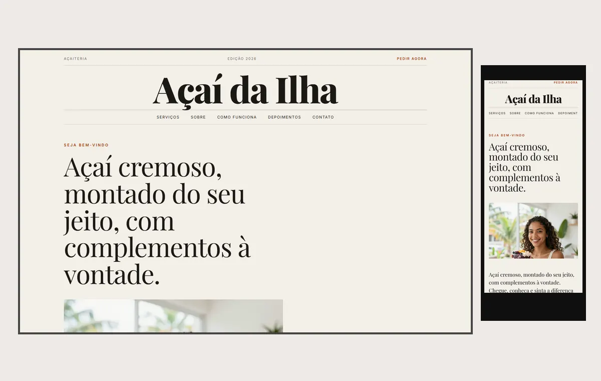 Site de açaí no modelo Revista Linho