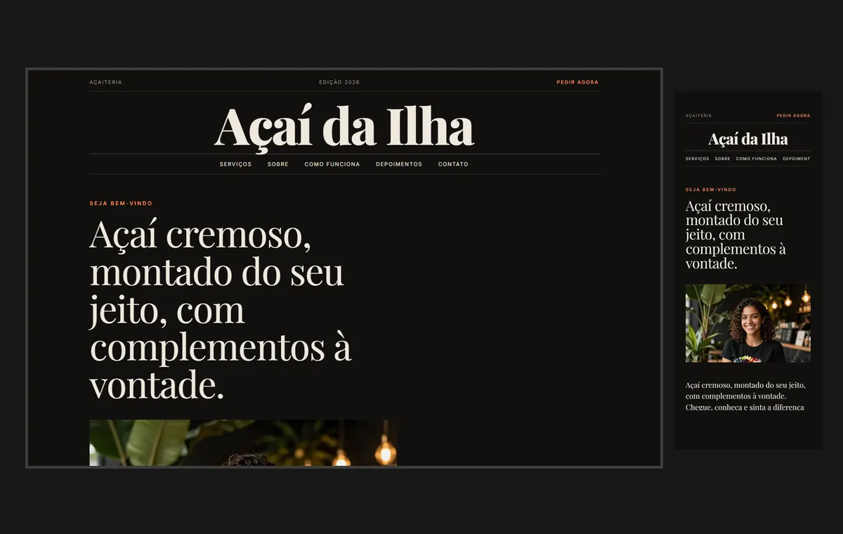 Site de açaí no modelo Revista Ébano