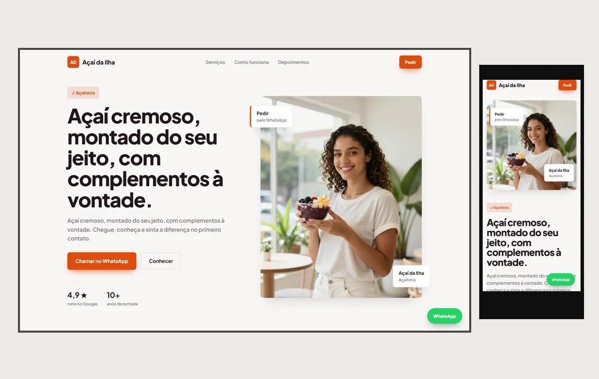 Site de açaí no modelo Vitrine Aurora