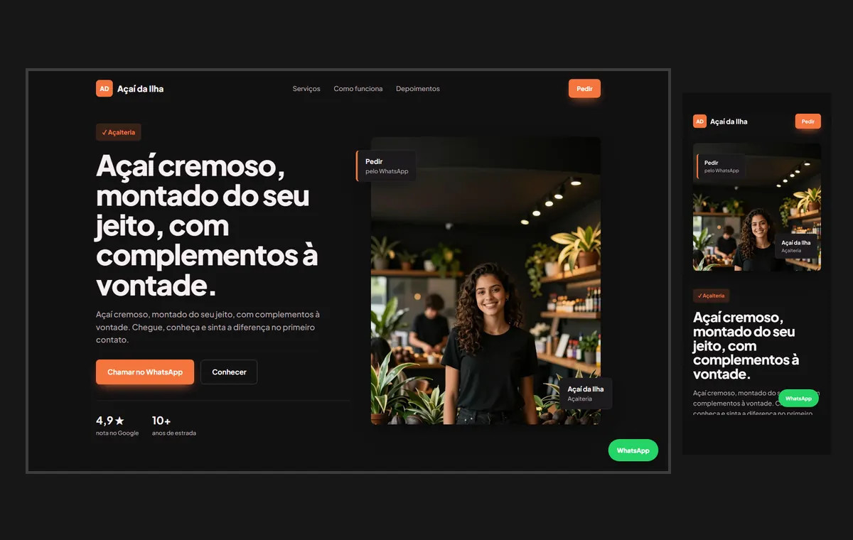 Site de açaí no modelo Vitrine Neon