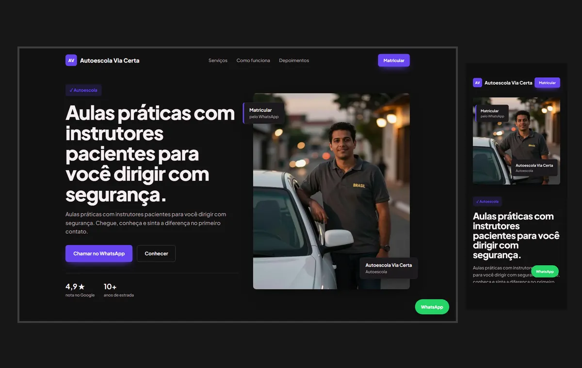 Site de autoescola no modelo Vitrine Neon