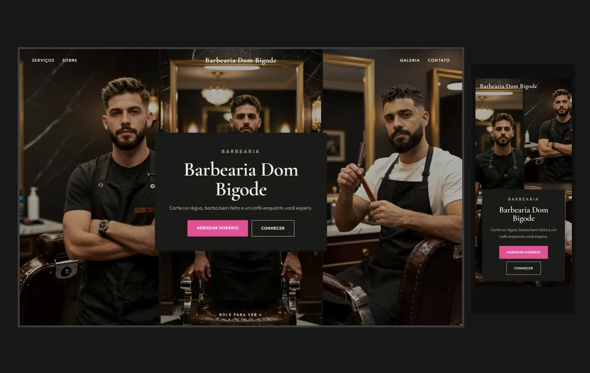 Site de barbearia no modelo Mosaico Carvão