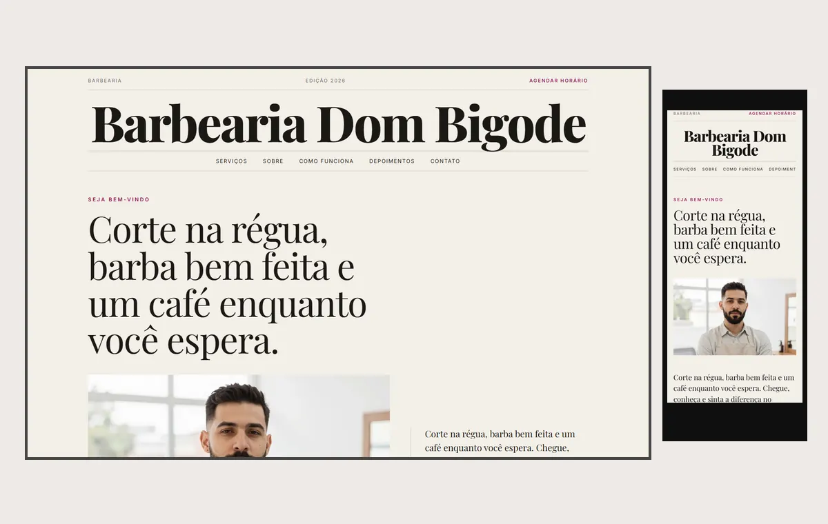 Site de barbearia no modelo Revista Linho