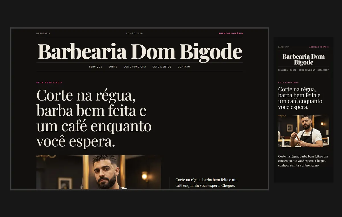 Site de barbearia no modelo Revista Ébano