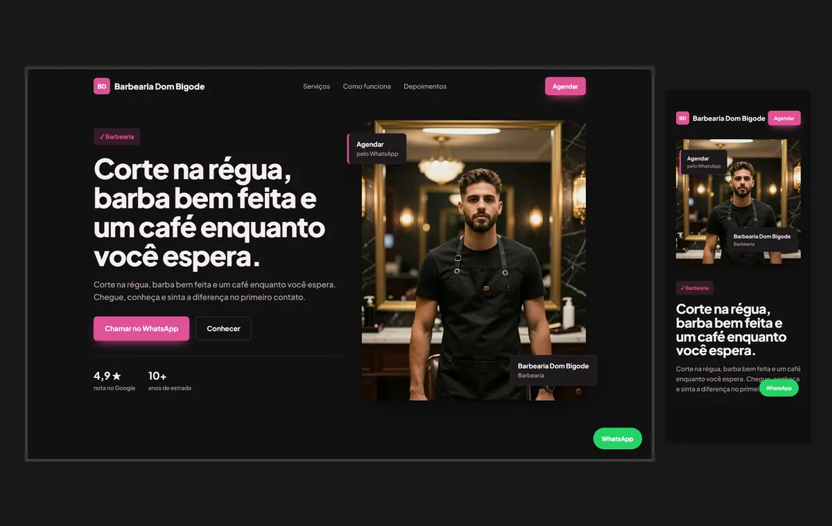 Site de barbearia no modelo Vitrine Neon