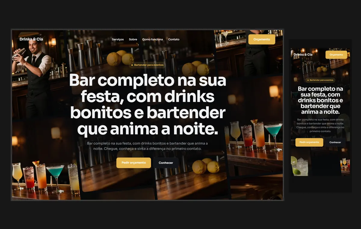 Site de bartender e drinks no modelo Fluxo Noite