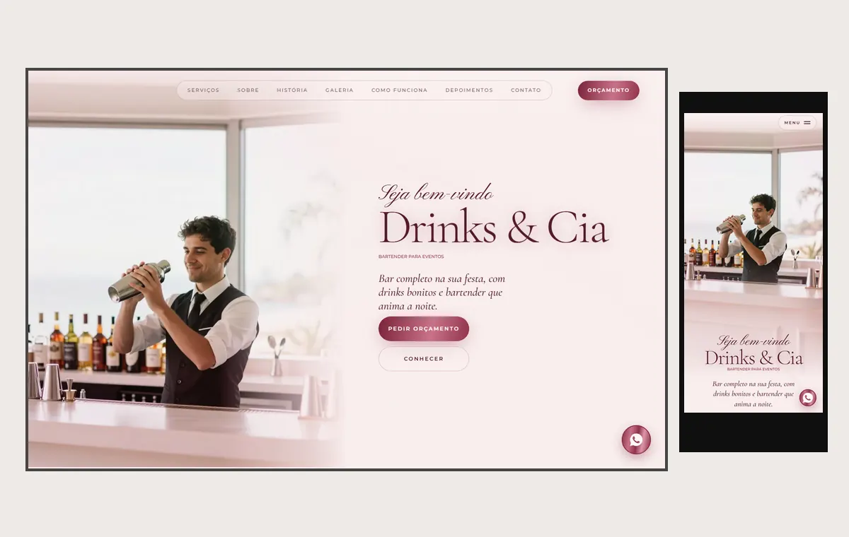 Site de bartender e drinks no modelo Luxo Dia