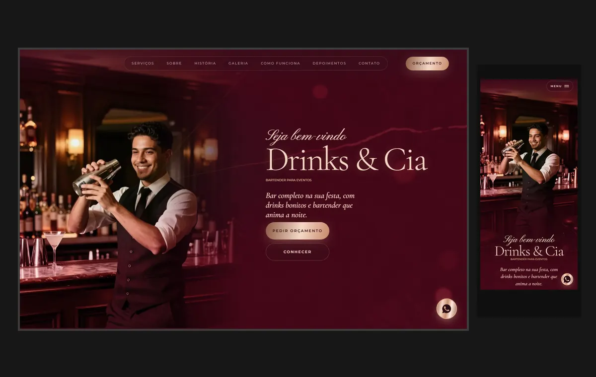 Site de bartender e drinks no modelo Luxo Noite