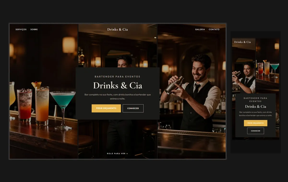 Site de bartender e drinks no modelo Mosaico Carvão