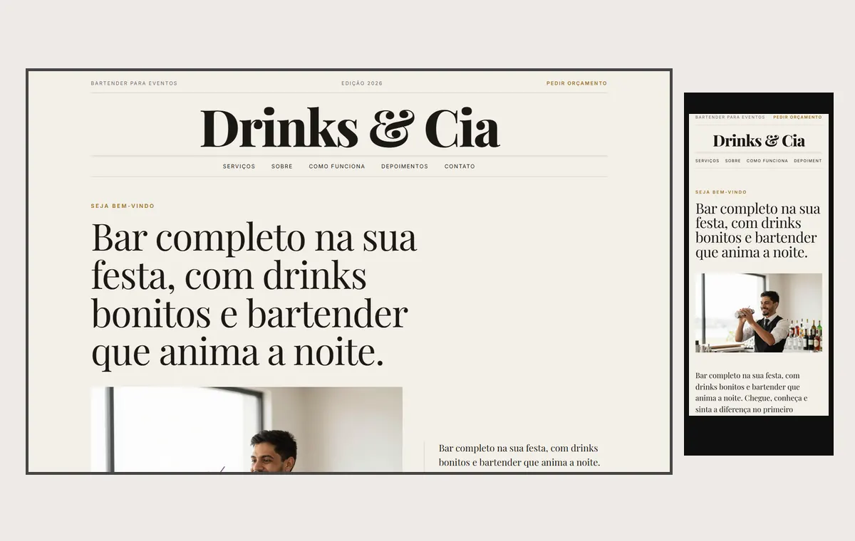 Site de bartender e drinks no modelo Revista Linho