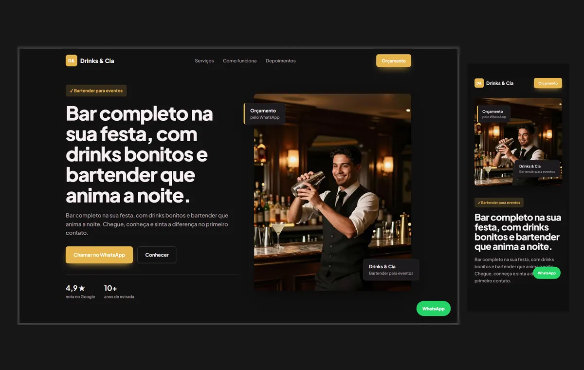 Site de bartender e drinks no modelo Vitrine Neon