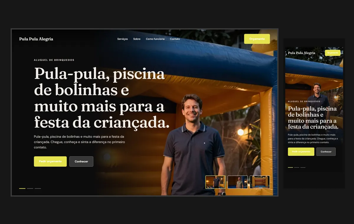 Site de aluguel de brinquedos no modelo Cinema Noite
