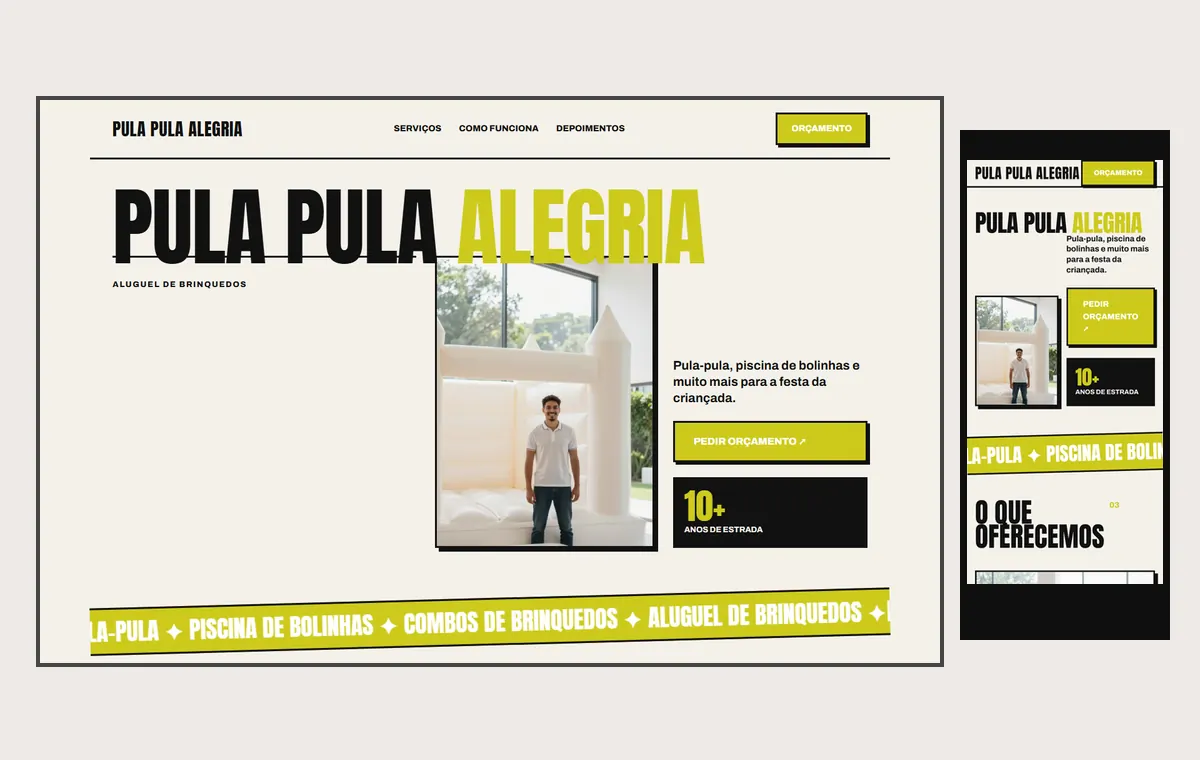 Site de aluguel de brinquedos no modelo Impacto Sol