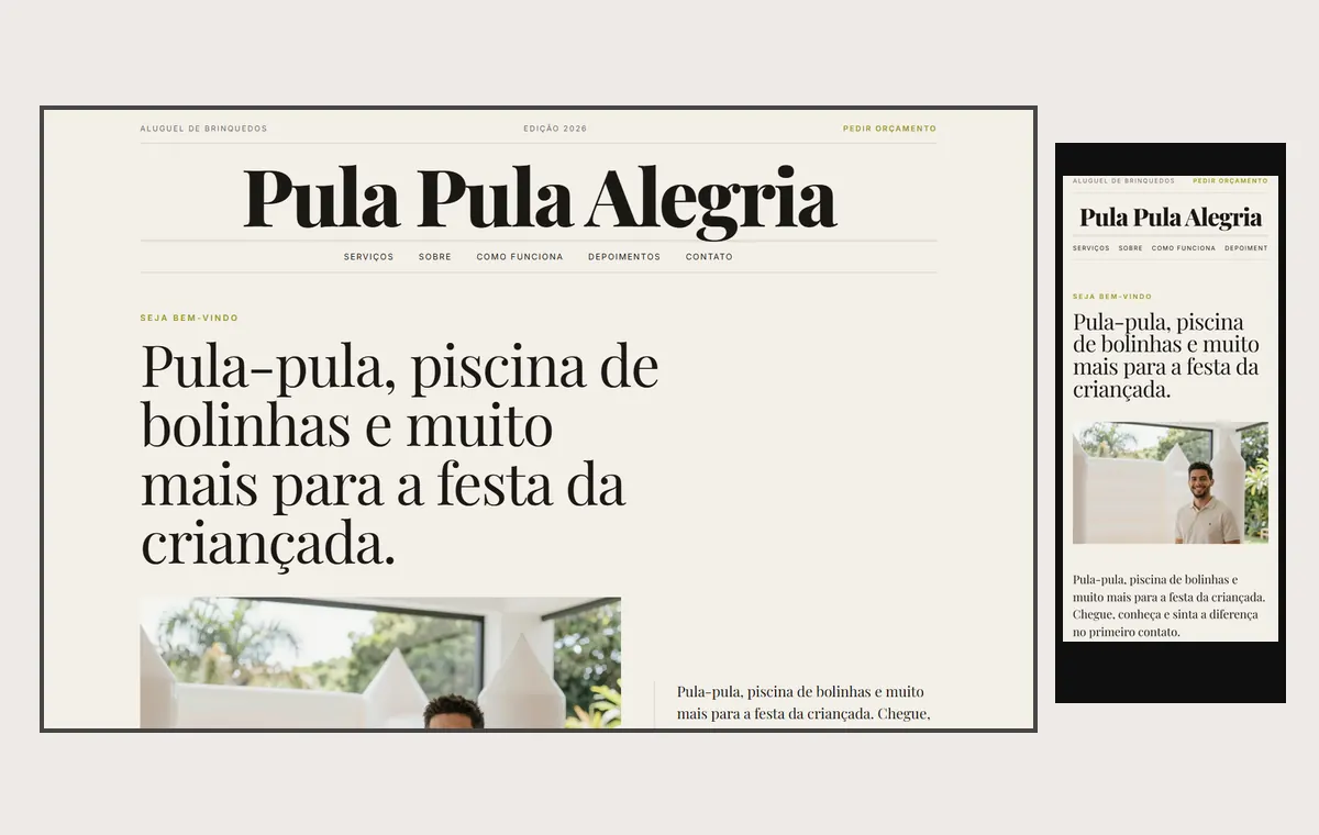 Site de aluguel de brinquedos no modelo Revista Linho
