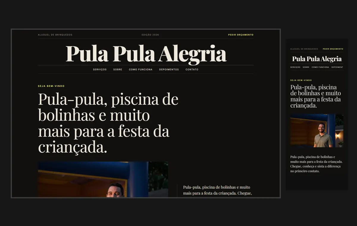 Site de aluguel de brinquedos no modelo Revista Ébano