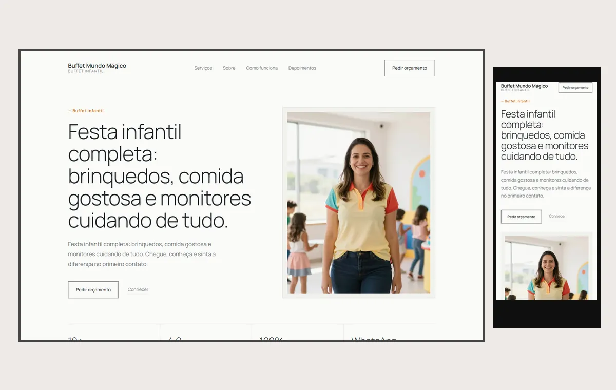 Site de buffet infantil no modelo Clean Nuvem