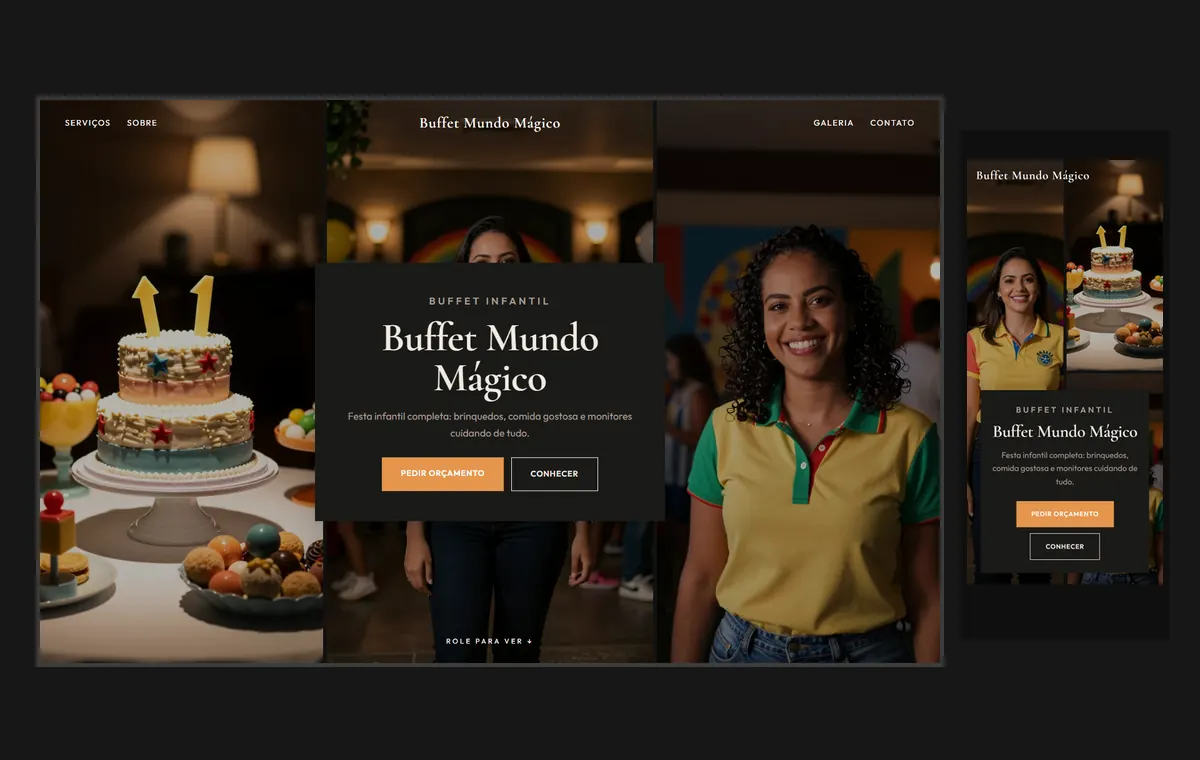 Site de buffet infantil no modelo Mosaico Carvão