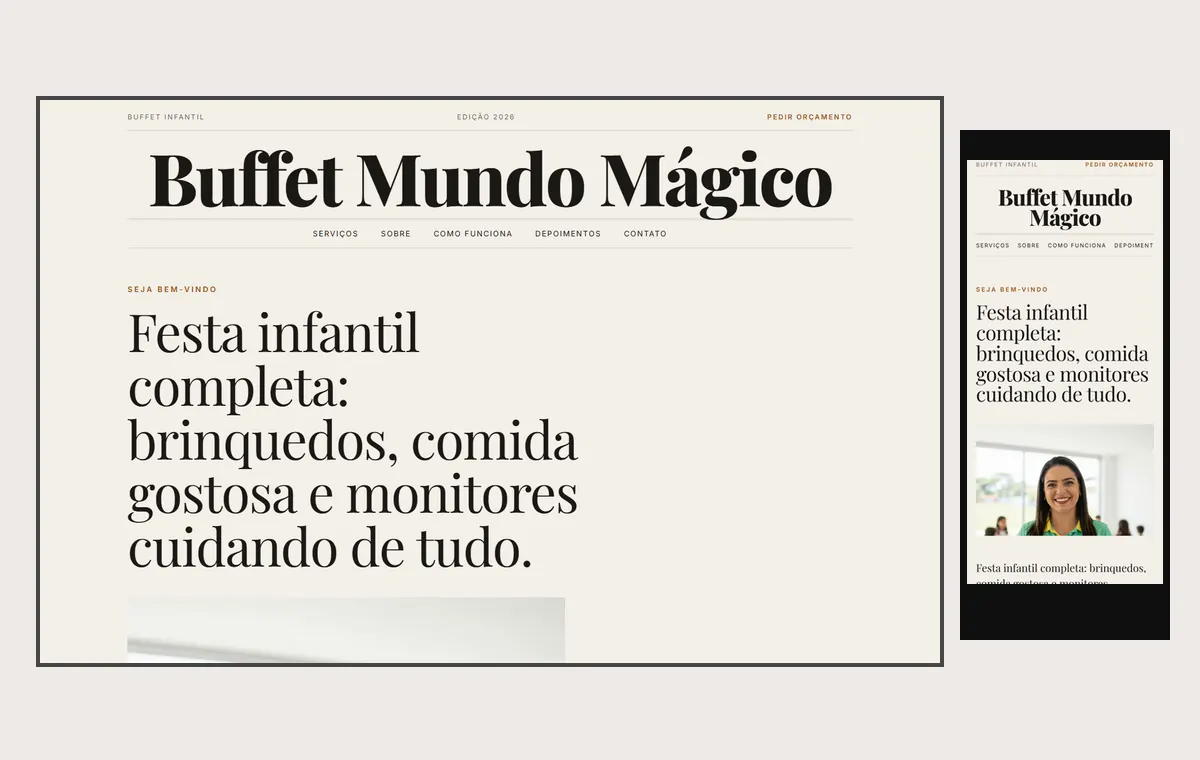 Site de buffet infantil no modelo Revista Linho