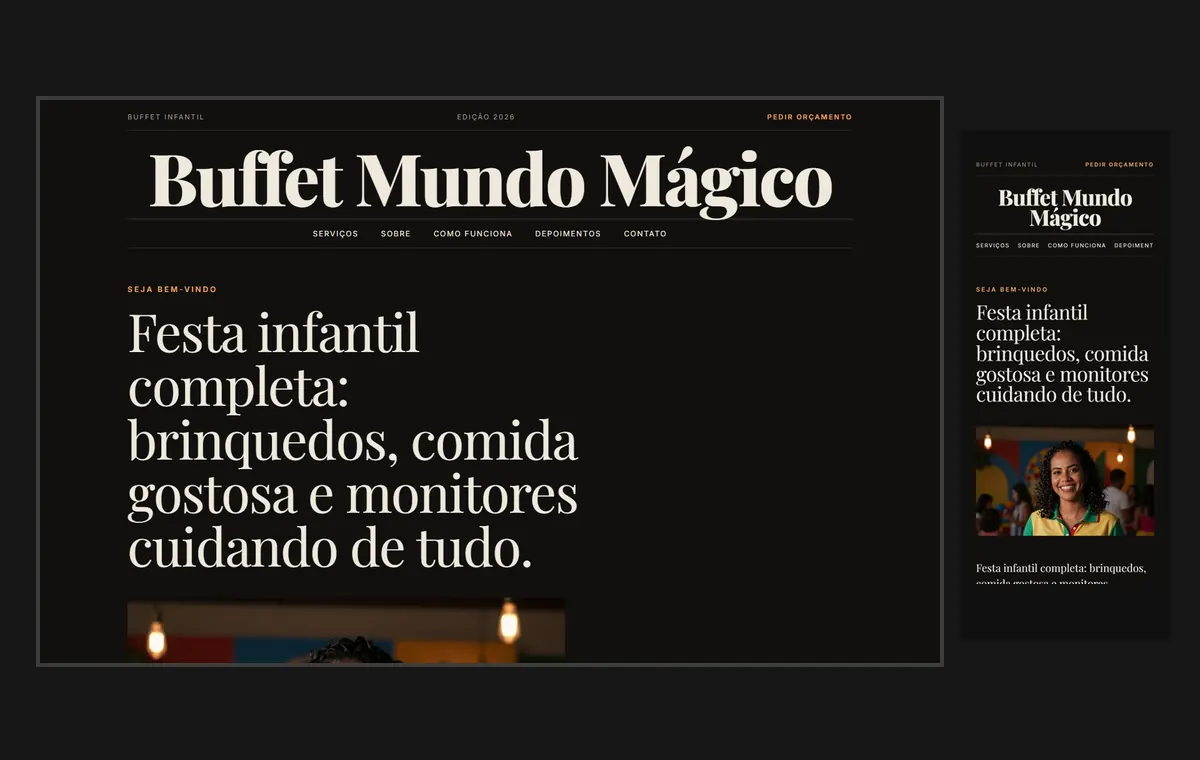 Site de buffet infantil no modelo Revista Ébano