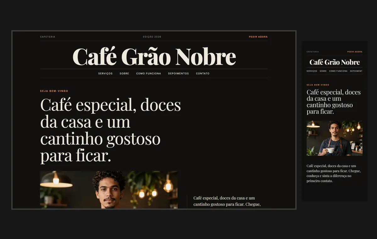 Site de cafeteria no modelo Revista Ébano