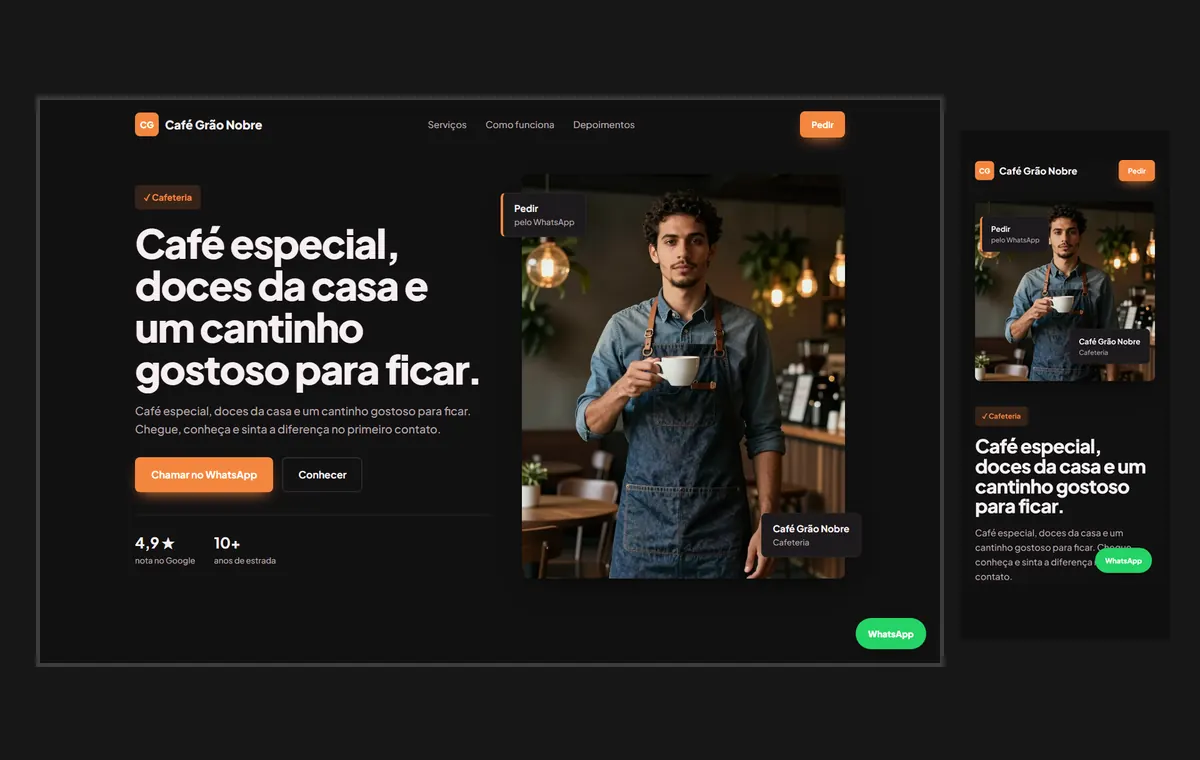 Site de cafeteria no modelo Vitrine Neon