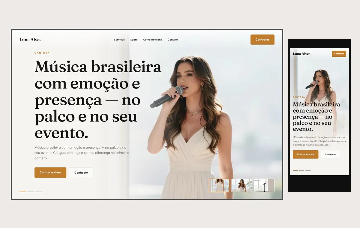 Site de cantor(a) no modelo Cinema Luz