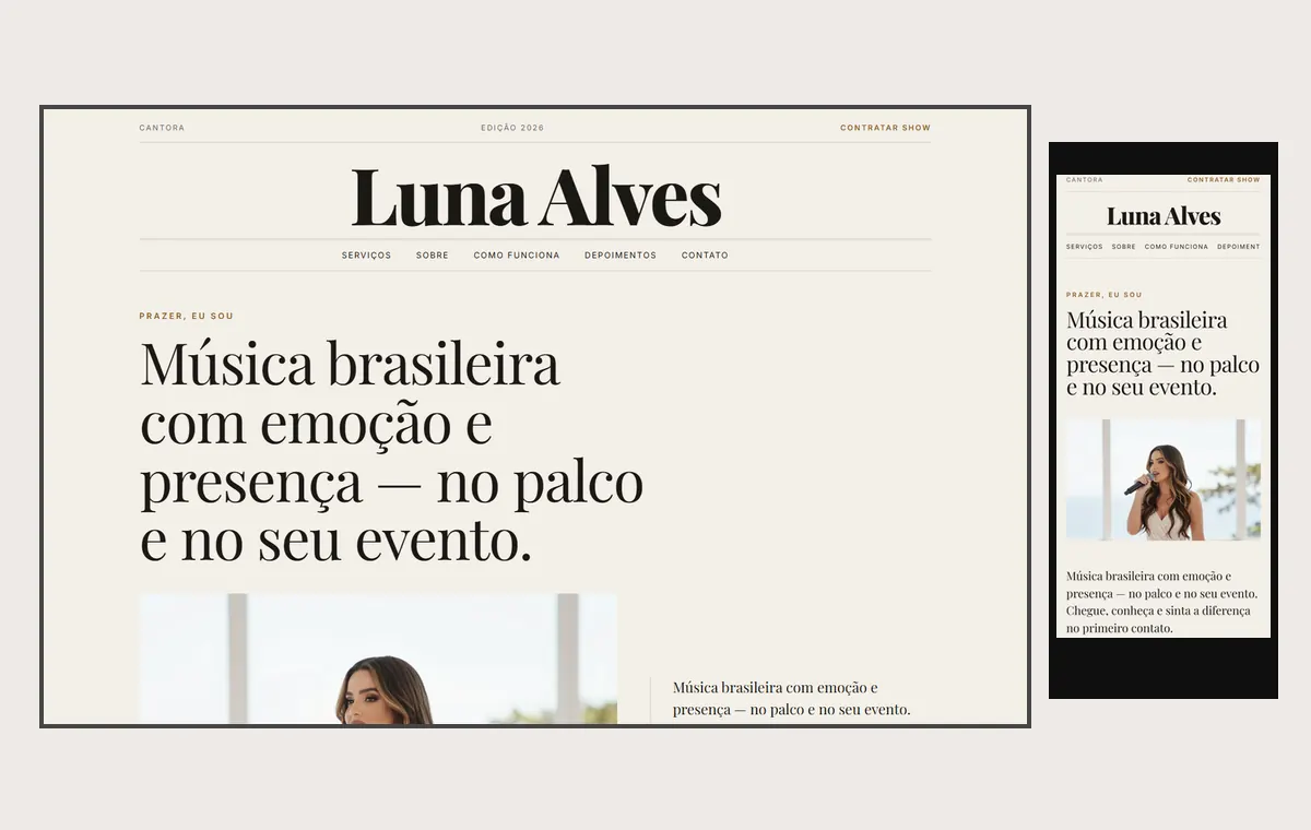 Site de cantor(a) no modelo Revista Linho