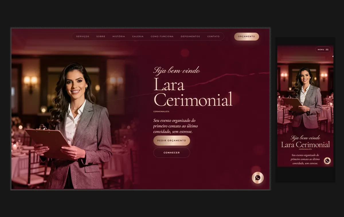 Site de cerimonialista e eventos no modelo Luxo Noite