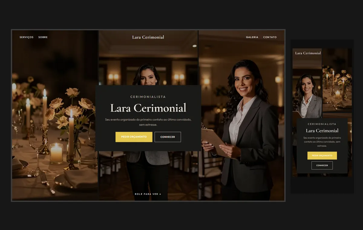 Site de cerimonialista e eventos no modelo Mosaico Carvão