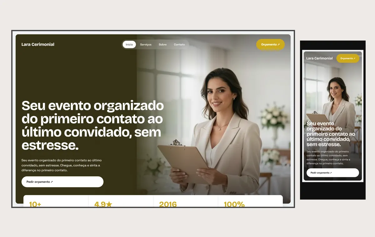Site de cerimonialista e eventos no modelo Panorama Céu