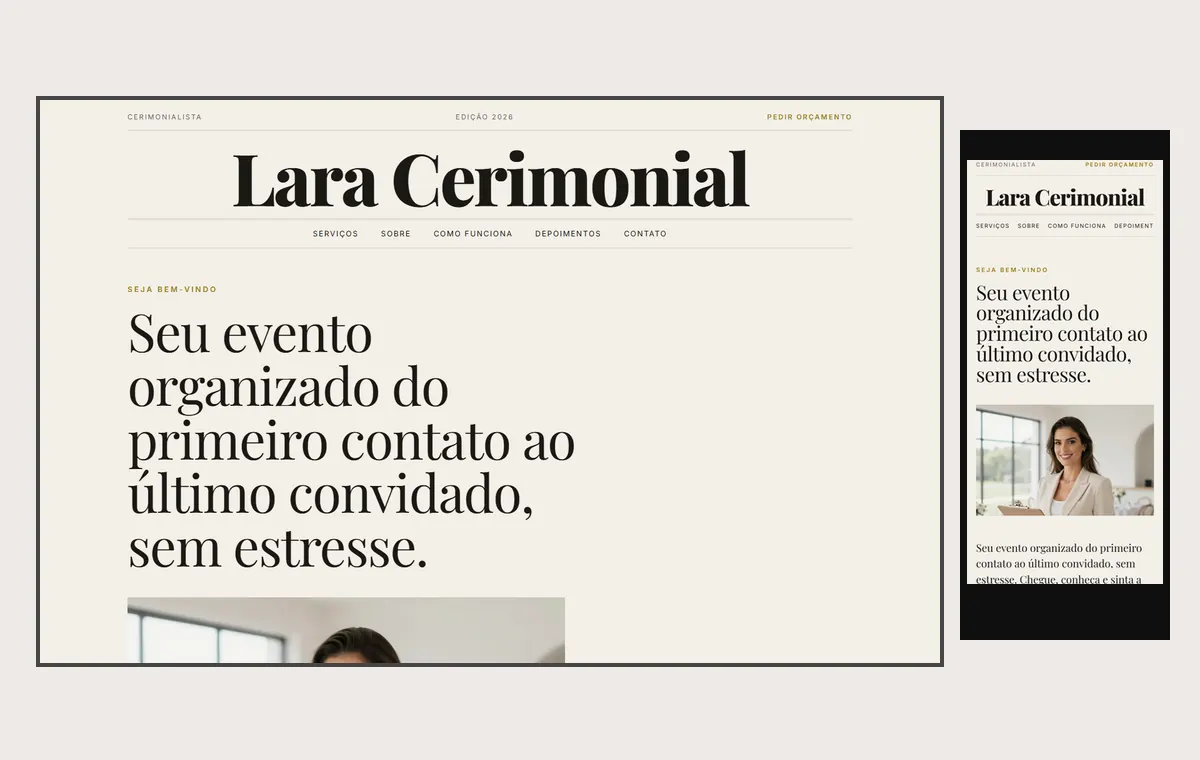 Site de cerimonialista e eventos no modelo Revista Linho