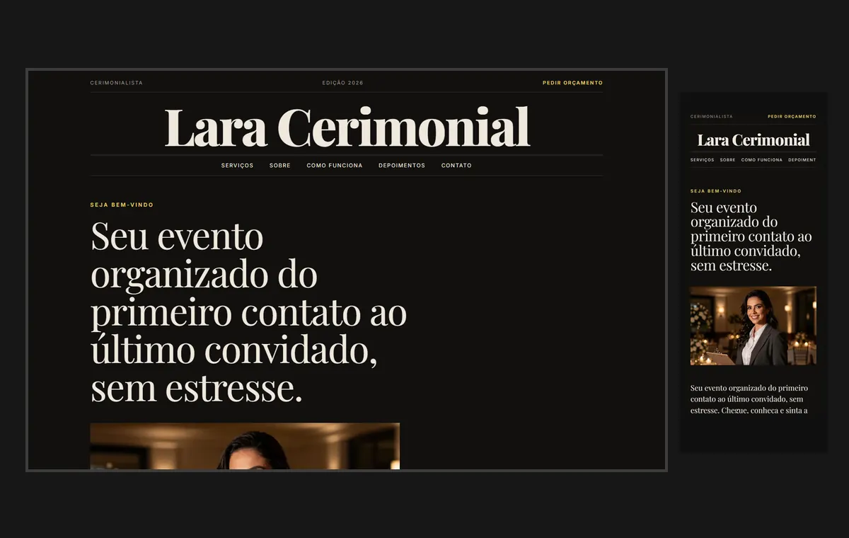 Site de cerimonialista e eventos no modelo Revista Ébano