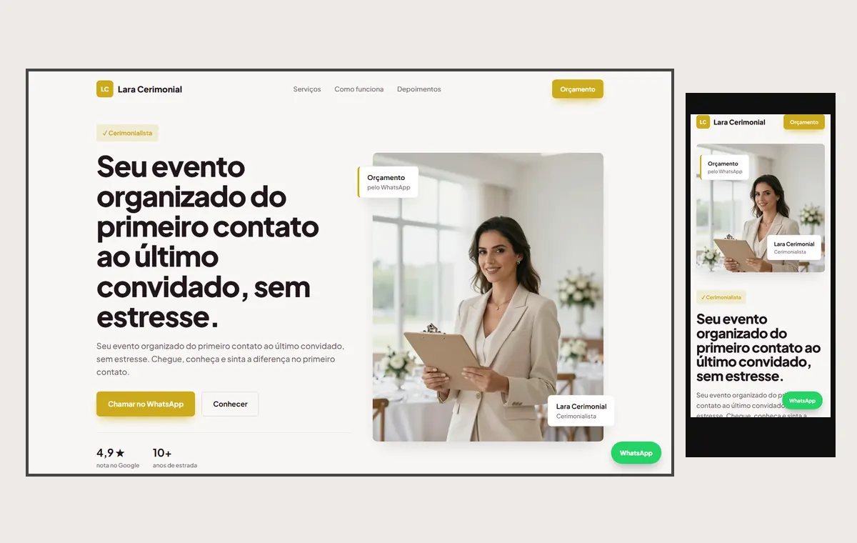 Site de cerimonialista e eventos no modelo Vitrine Aurora