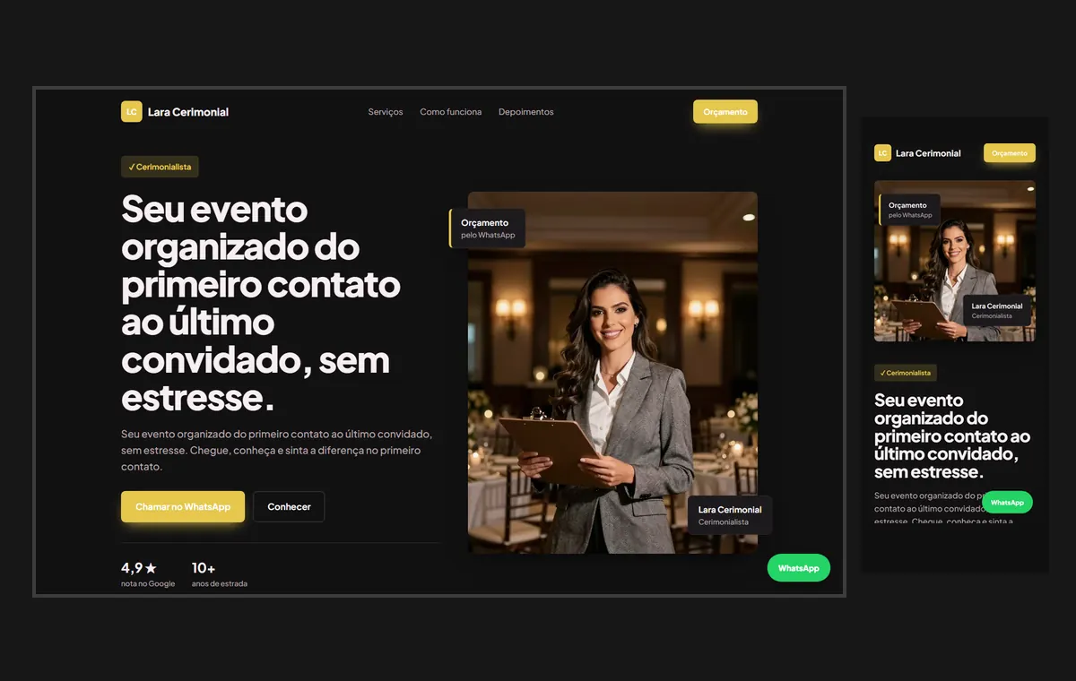Site de cerimonialista e eventos no modelo Vitrine Neon