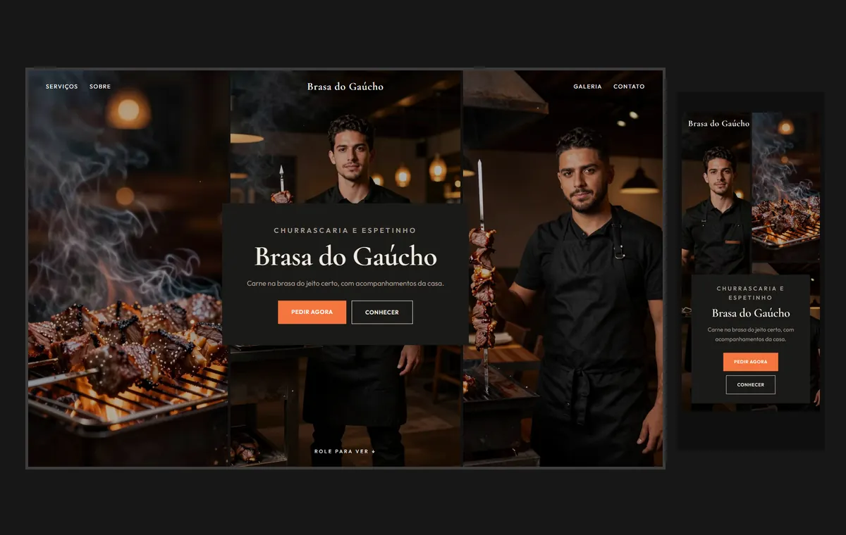 Site de churrascaria e espetinho no modelo Mosaico Carvão