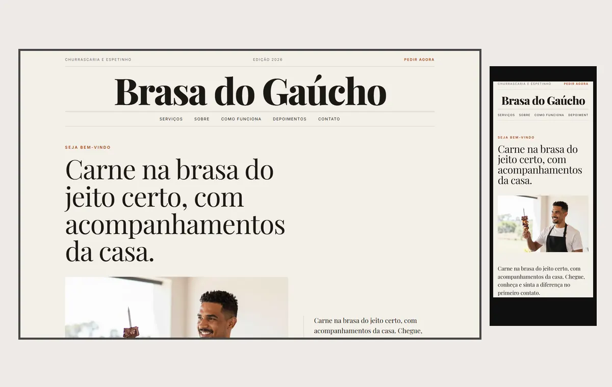 Site de churrascaria e espetinho no modelo Revista Linho