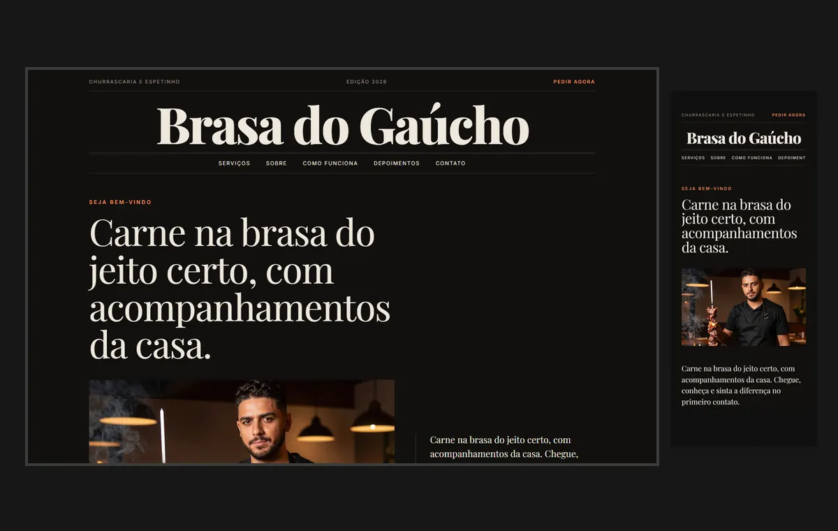 Site de churrascaria e espetinho no modelo Revista Ébano