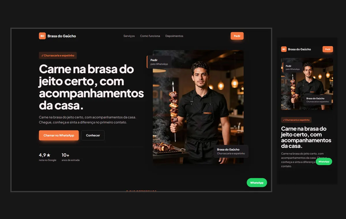 Site de churrascaria e espetinho no modelo Vitrine Neon