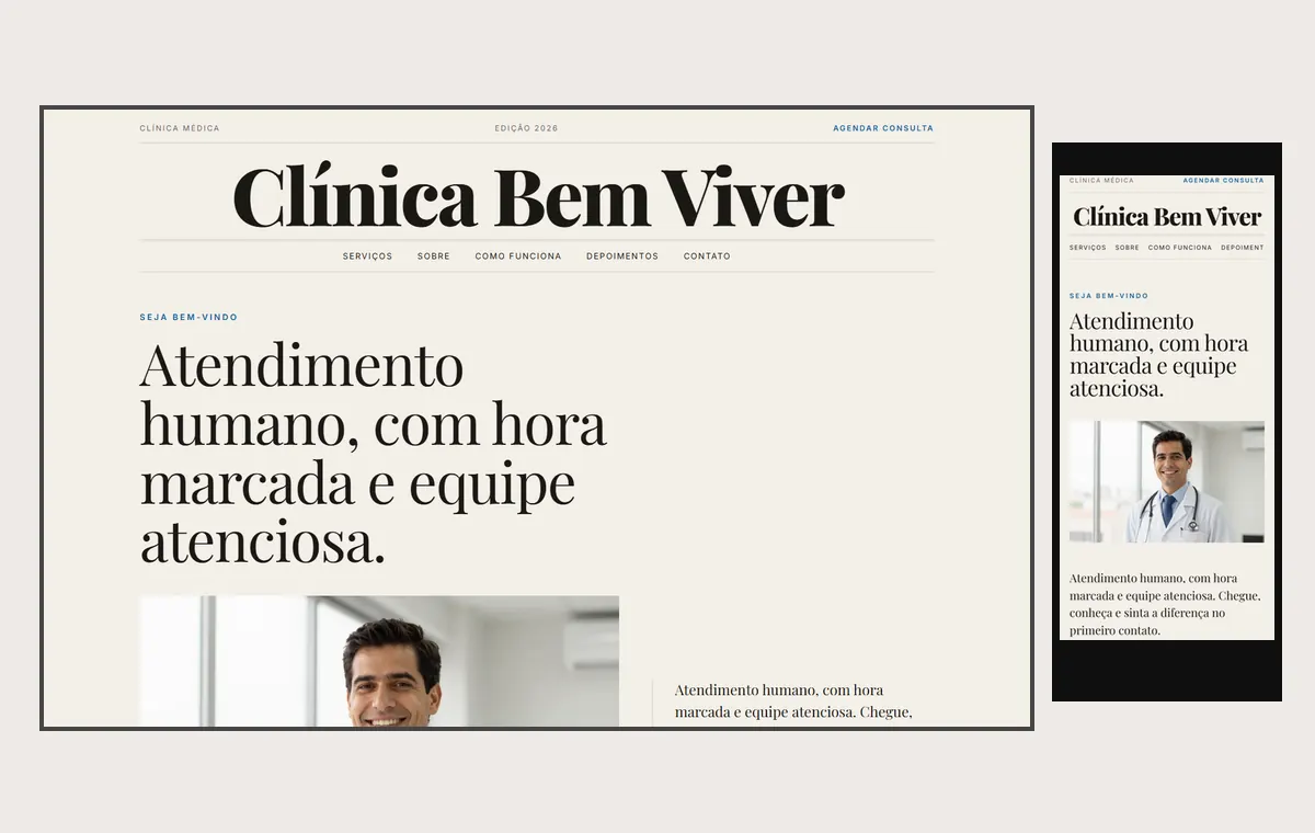 Site de clínica e consultório no modelo Revista Linho