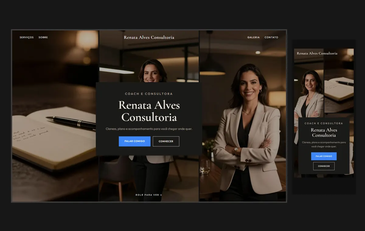 Site de coach e consultor no modelo Mosaico Carvão