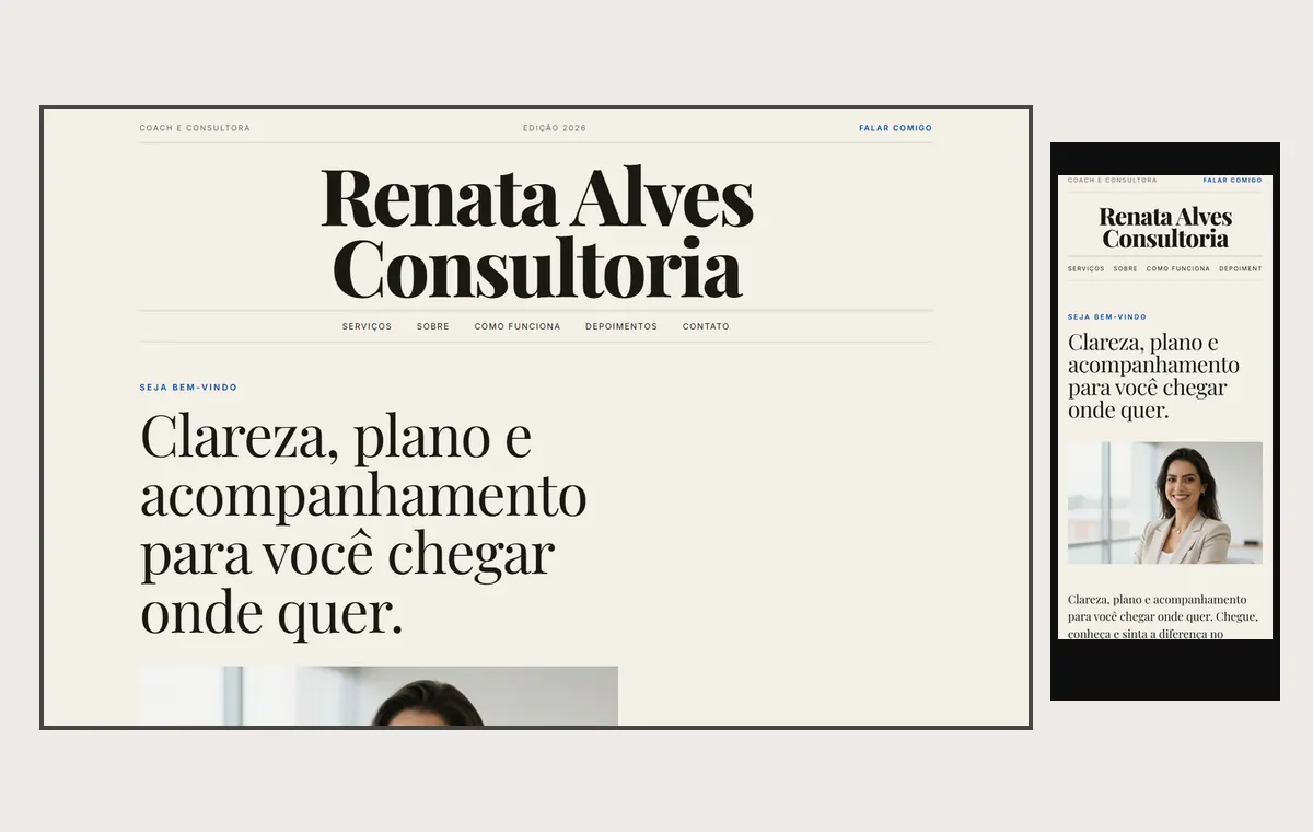 Site de coach e consultor no modelo Revista Linho