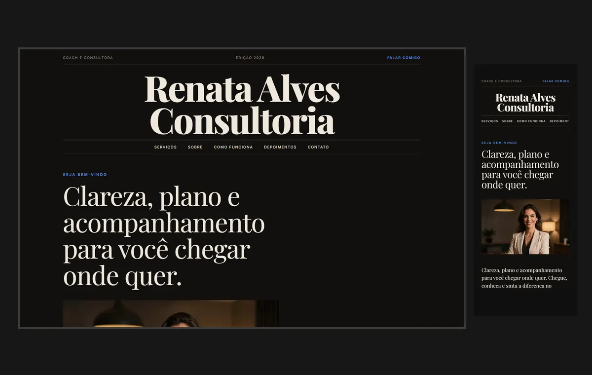 Site de coach e consultor no modelo Revista Ébano