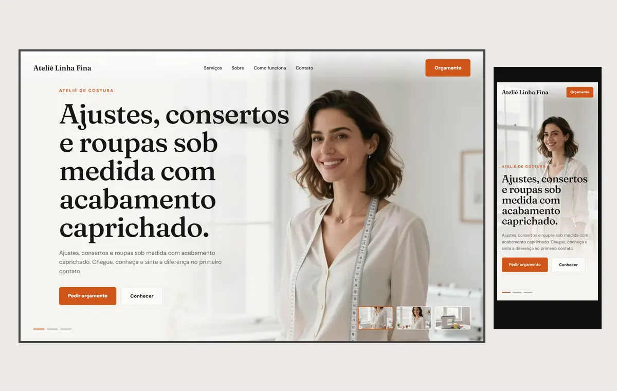 Site de costureira e ateliê no modelo Cinema Luz