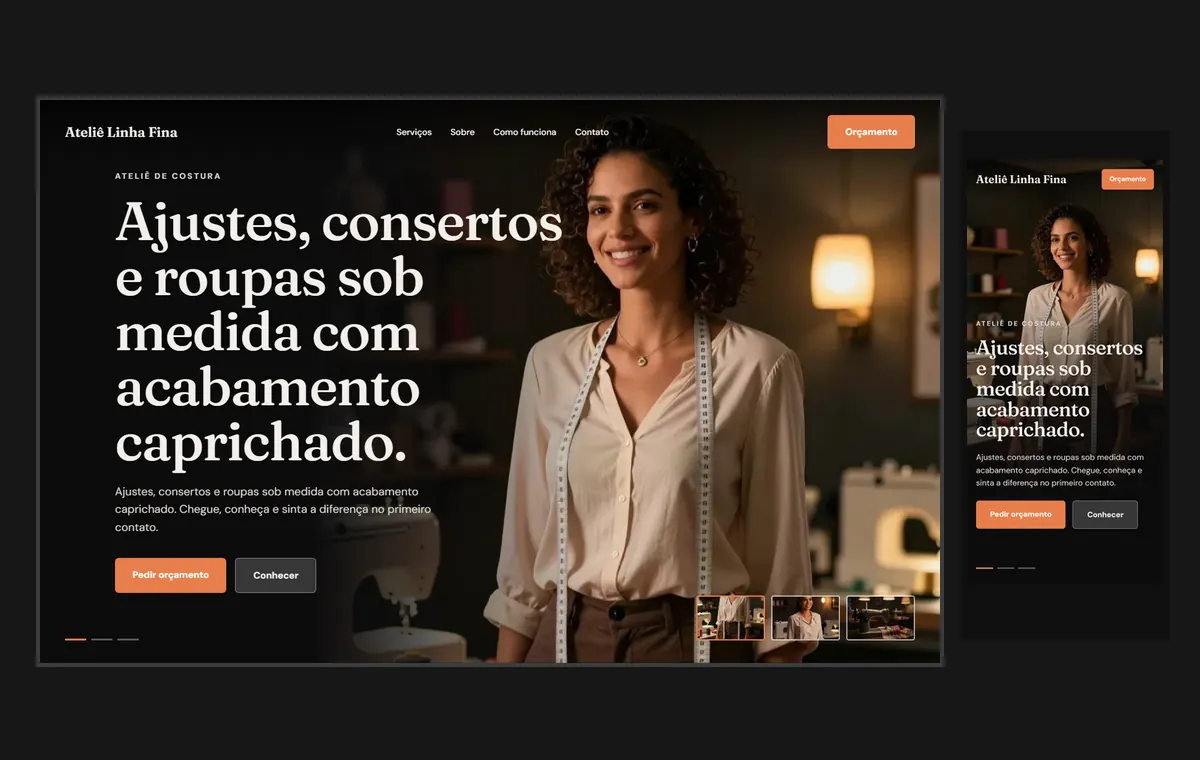 Site de costureira e ateliê no modelo Cinema Noite