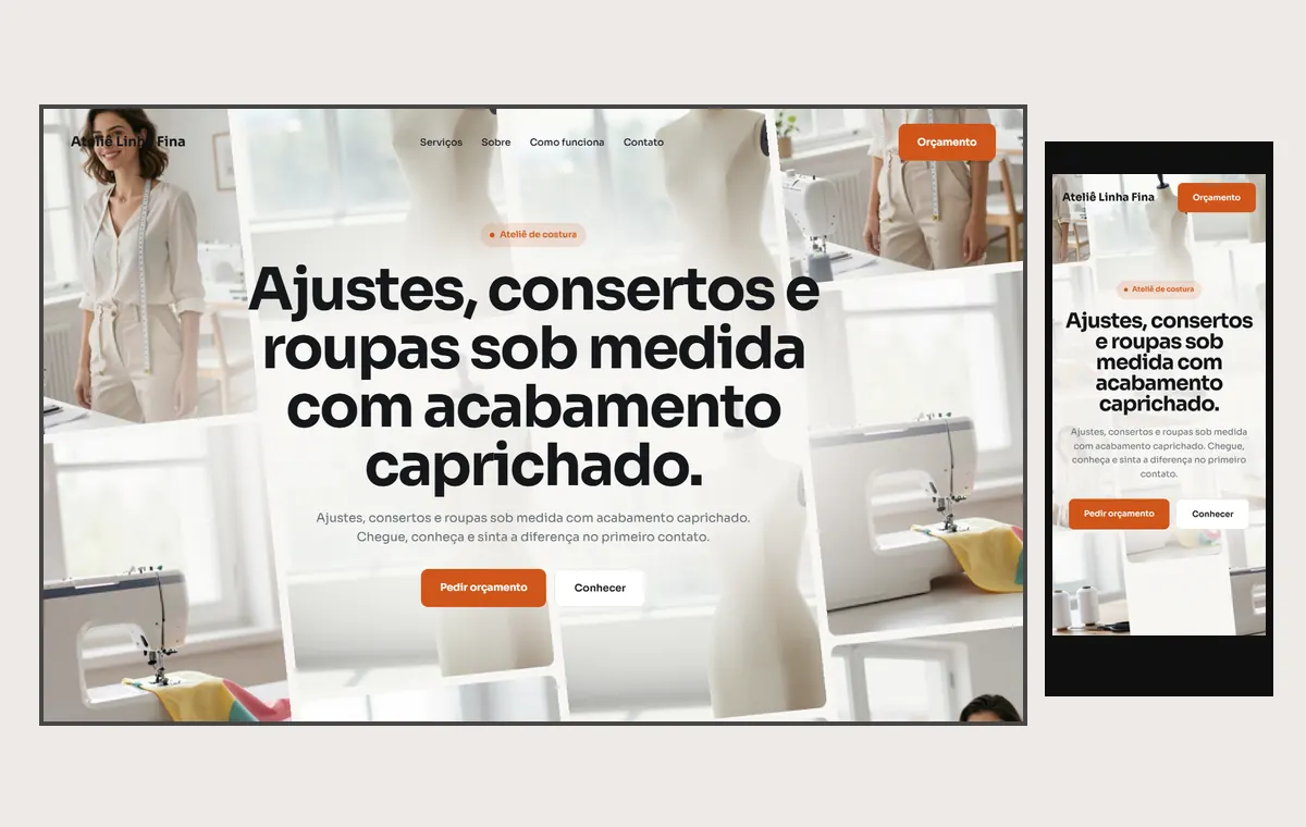 Site de costureira e ateliê no modelo Fluxo Brisa