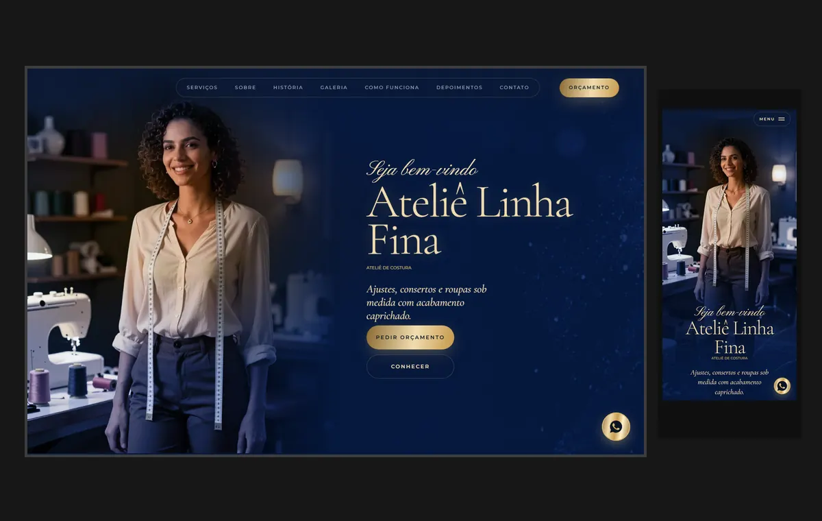 Site de costureira e ateliê no modelo Luxo Noite